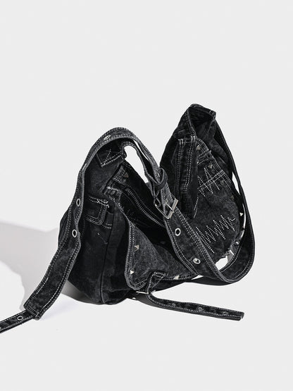 Distressed Black Denim Messenger Bag - Rivet Detail, Adjustable Strap, Large Streetwear Tote V888-ELOSUNG26916