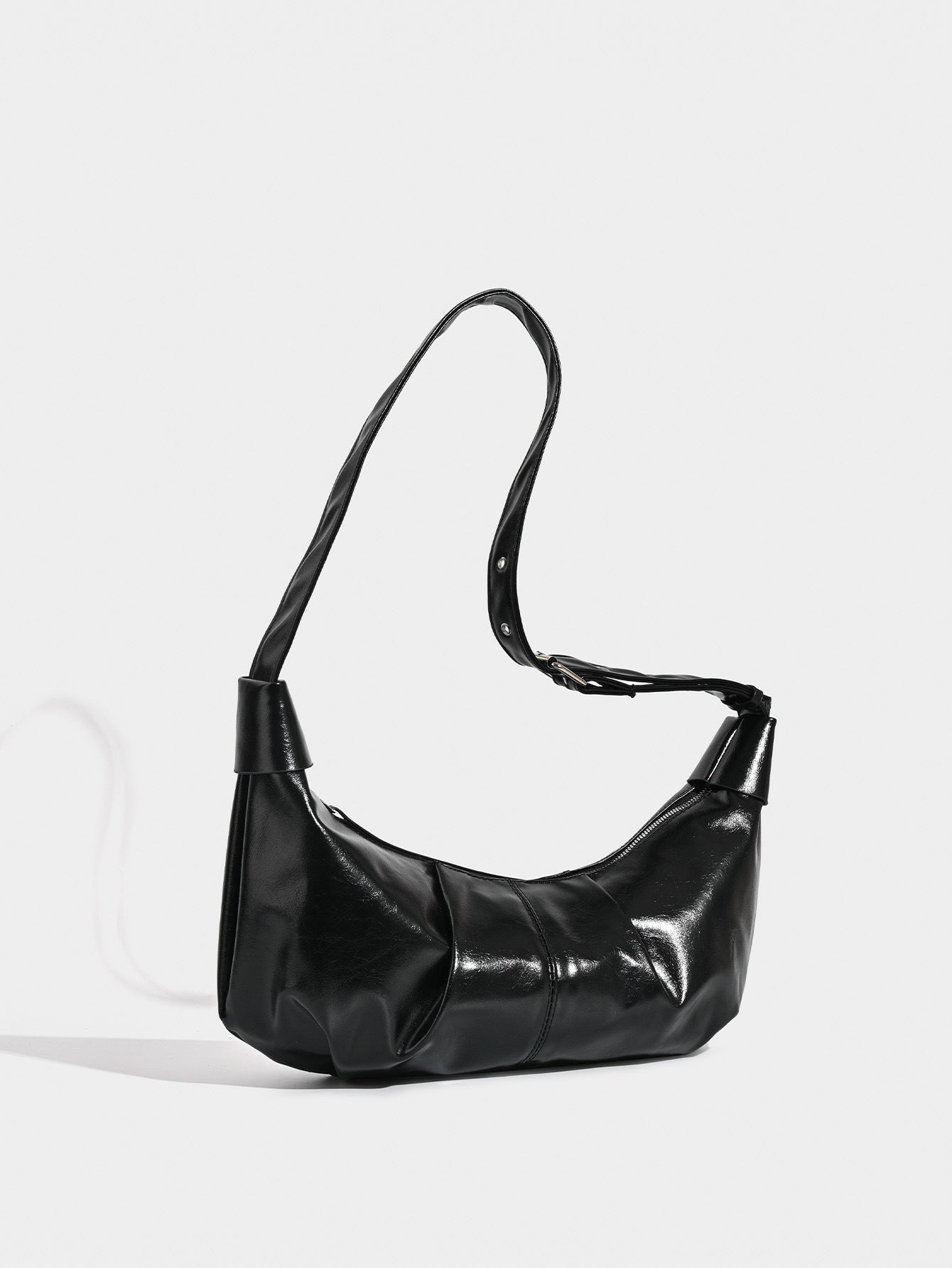 Chic Ruched Faux Leather Bag - Vintage Inspired Croissant Style, Black V888-ELOSUNG26920
