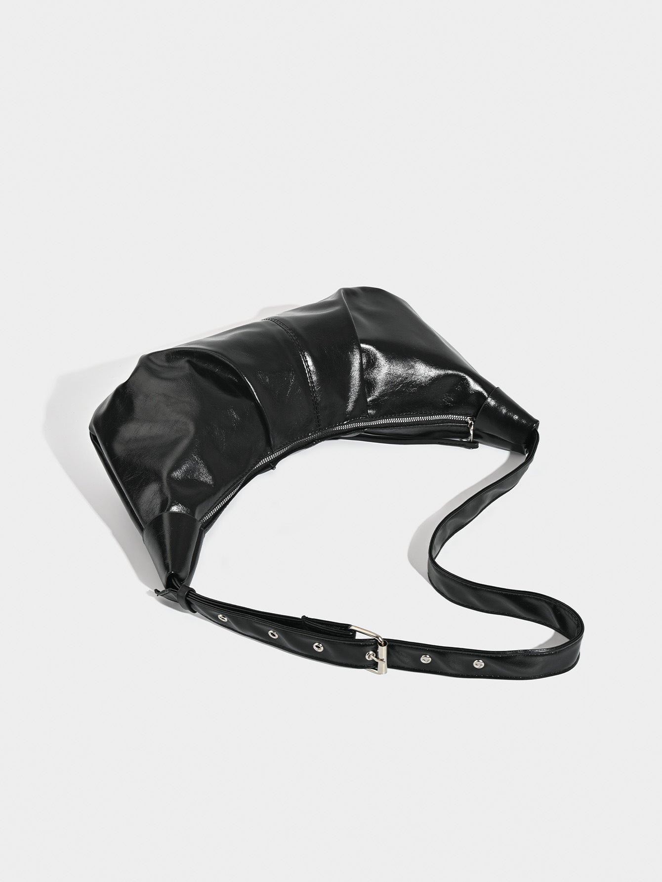 Chic Ruched Faux Leather Bag - Vintage Inspired Croissant Style, Black V888-ELOSUNG26920