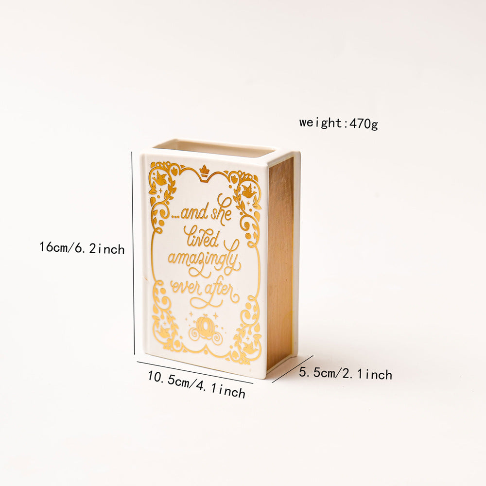 Literary Book Vase - Creative Ceramic Planter & Desk Organizer(Golden Book) V888-ELOSUNG26928