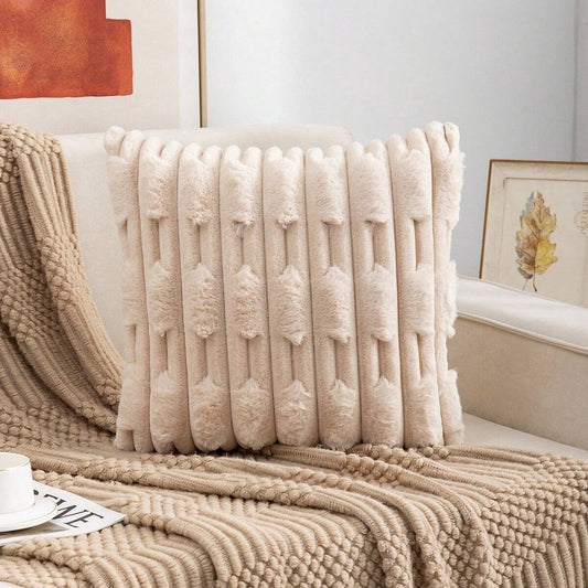 A pair of Khaki Plush Faux Rabbit Fur Throw Pillow Cover - Textured Wheat Ear Design (45x45cm) V888-ELOSUNG26939