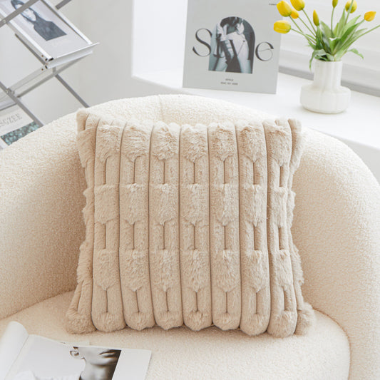 A pair of Khaki Plush Faux Rabbit Fur Throw Pillow Cover - Textured Wheat Ear Design (45x45cm) V888-ELOSUNG26939