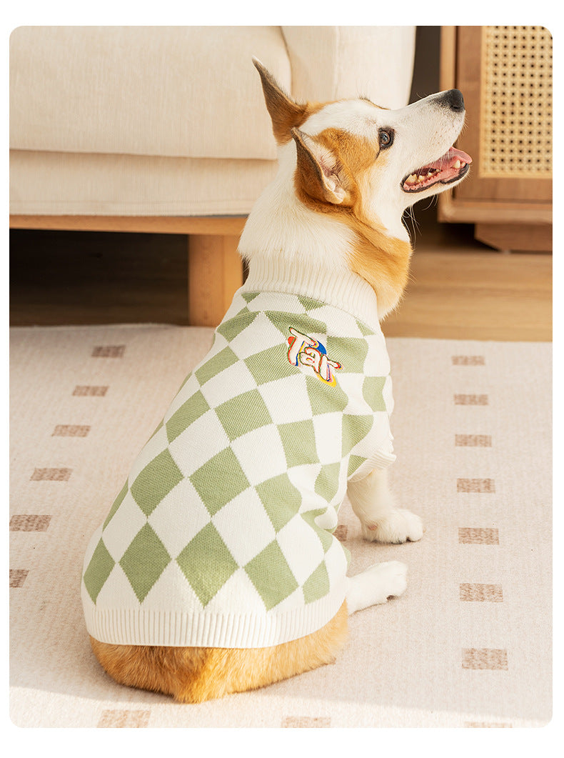 Classic Argyle Dog Sweater - Green & White Knit for Corgis & Medium Breeds (Size : S) V888-ELOSUNG26962