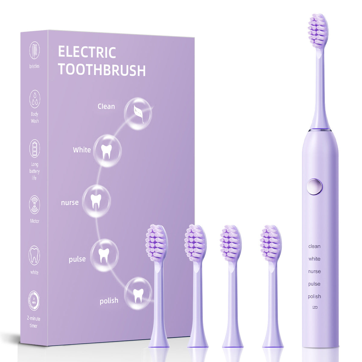 Advanced Sonic Toothbrush: 5 Cleaning Modes, 2-Min Timer, USB Fast Charge, Purple (4 brush heads) V888-ELOSUNG26974