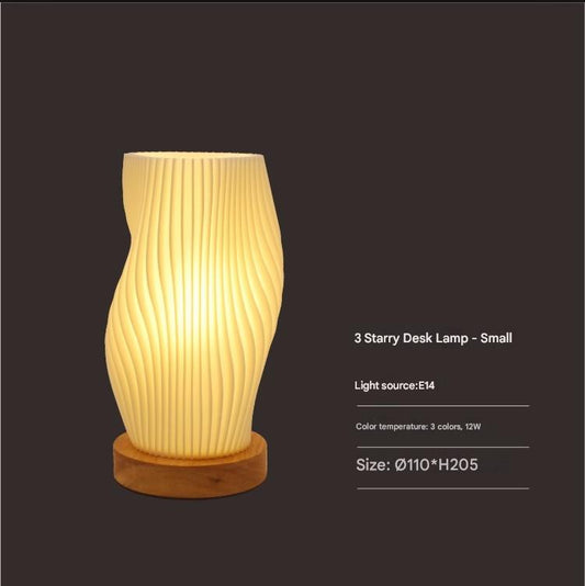 Unique Pleated Design Table Lamp - 3D Printed Washable Shade, Wooden Base, Adjustable LED (Three-star V888-ELOSUNG26978
