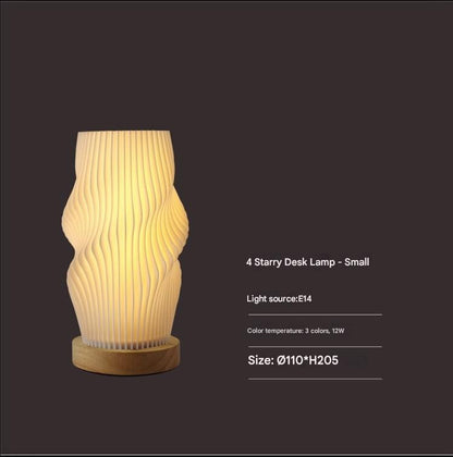 Unique Pleated Design Table Lamp - 3D Printed Washable Shade, Wooden Base, Adjustable LED (Four-star rotation) V888-ELOSUNG26979