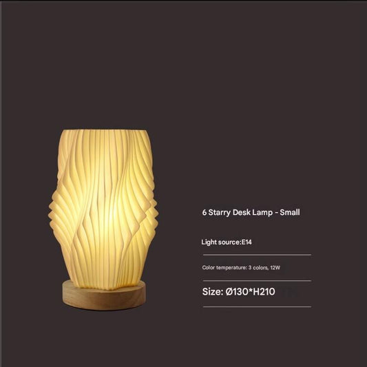 Unique Pleated Design Table Lamp - 3D Printed Washable Shade, Wooden Base, Adjustable LED (Six-star rotation) V888-ELOSUNG26980