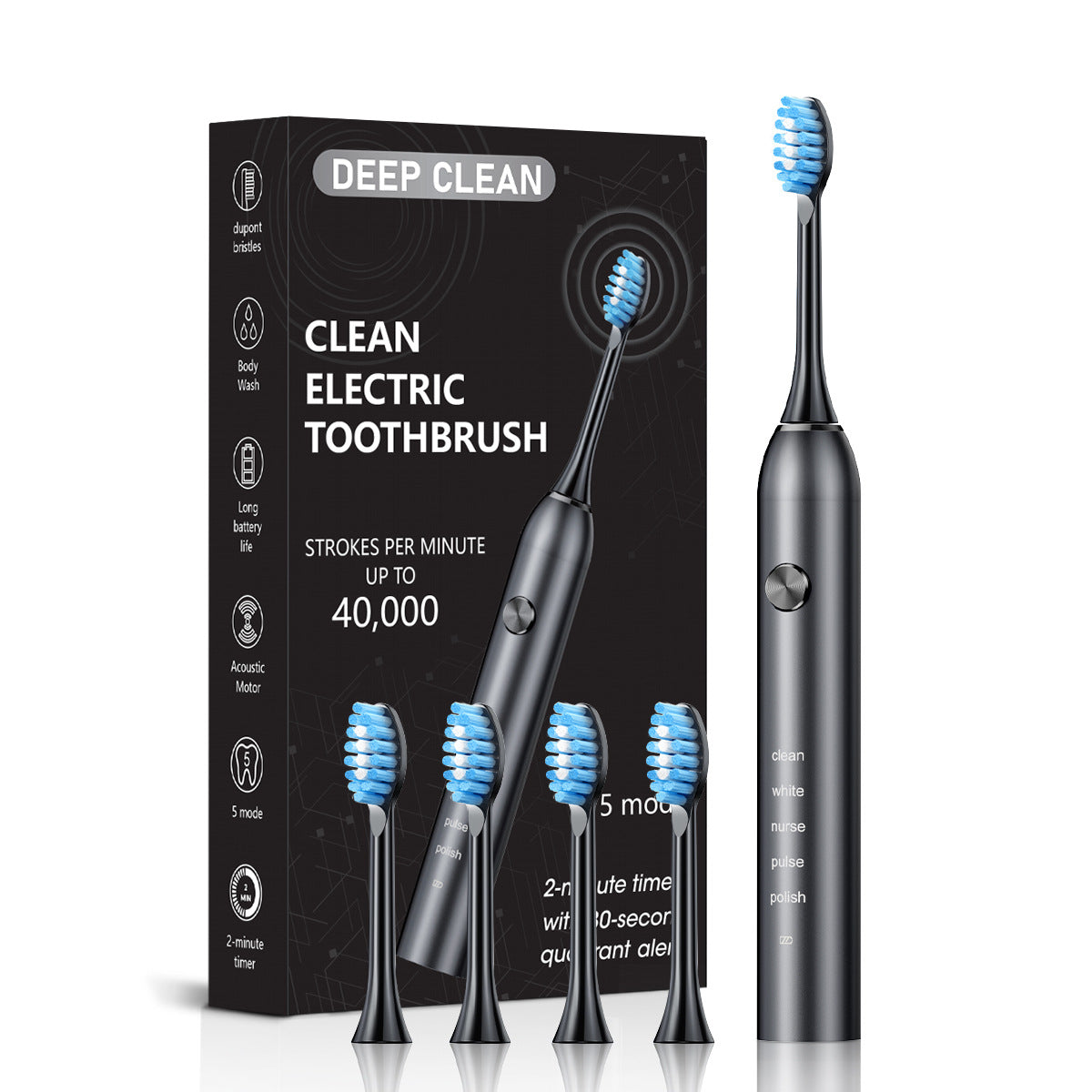 Black Professional Sonic Toothbrush for Adults - 5 Modes, Smart Timer (4 brush heads) V888-ELOSUNG26984