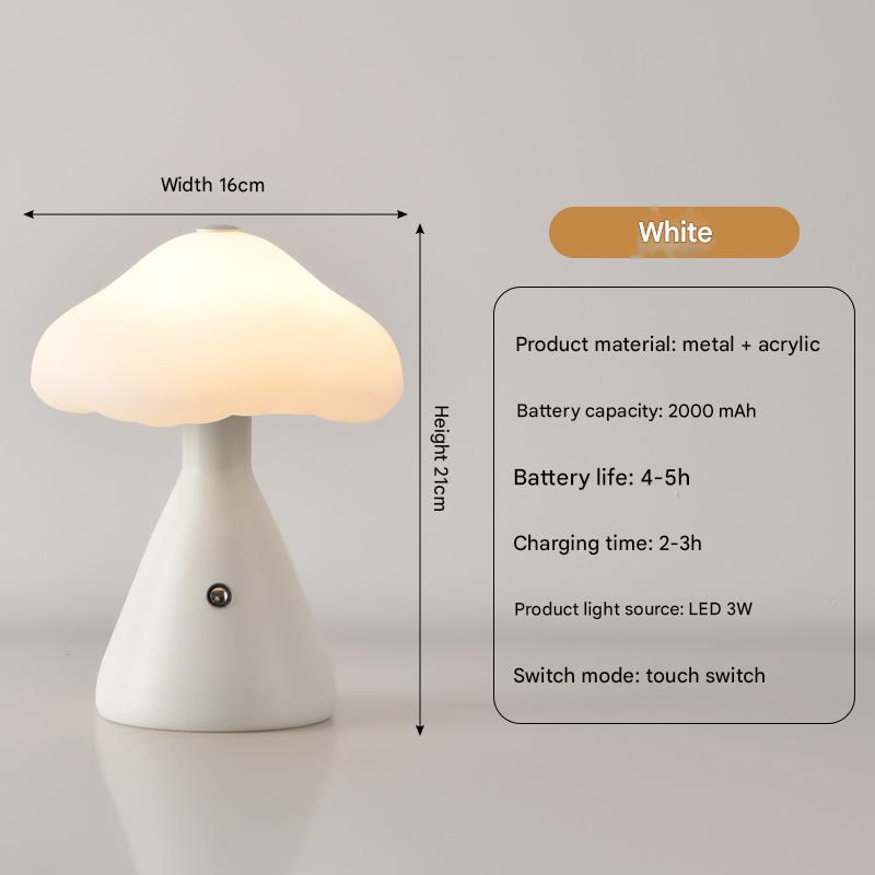 White Mushroom LED Table Lamp - Rechargeable, 3-Color Touch Dimmable, USB-C V888-ELOSUNG26990