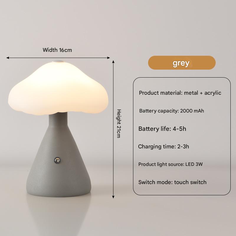 Gray Mushroom LED Table Lamp - Rechargeable, 3-Color Touch Dimmable, USB-C V888-ELOSUNG26994