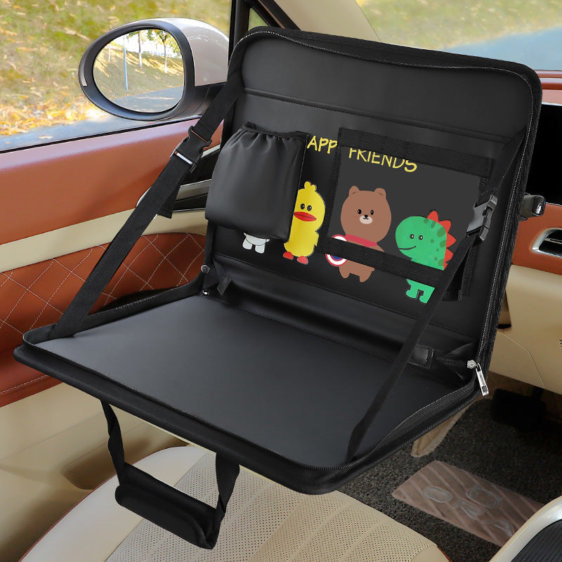 Black Foldable Car Back Seat Organizer Tray - PU Leather Travel Desk with Tablet Holder V888-ELOSUNG27008