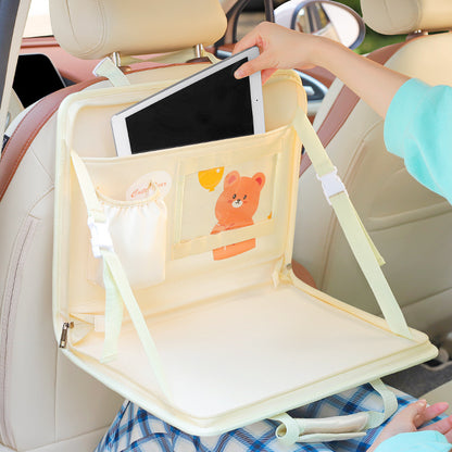 Brown Foldable Car Back Seat Organizer Tray - PU Leather Travel Desk with Tablet Holder V888-ELOSUNG27009