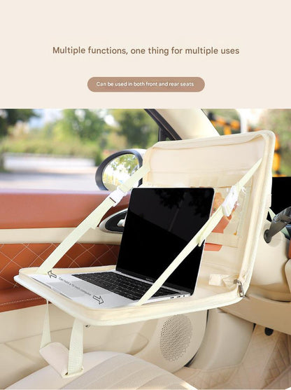 Brown Foldable Car Back Seat Organizer Tray - PU Leather Travel Desk with Tablet Holder V888-ELOSUNG27009