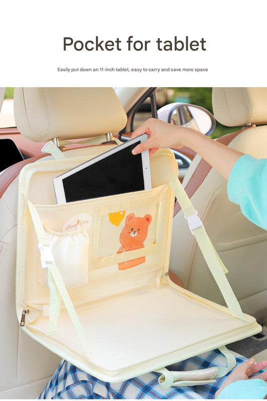 Brown Foldable Car Back Seat Organizer Tray - PU Leather Travel Desk with Tablet Holder V888-ELOSUNG27009