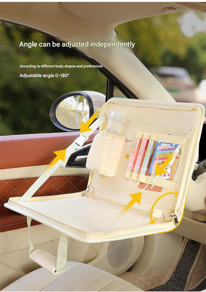 Brown Foldable Car Back Seat Organizer Tray - PU Leather Travel Desk with Tablet Holder V888-ELOSUNG27009
