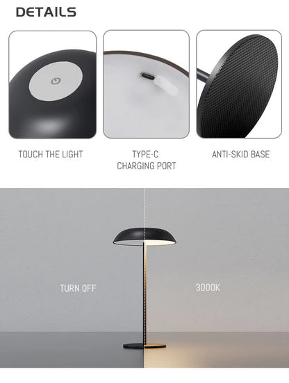 Black Minimalist Rechargeable LED Touch Table Lamp - 3-Color Stepless Dimming Metal Desk Light V888-ELOSUNG27035