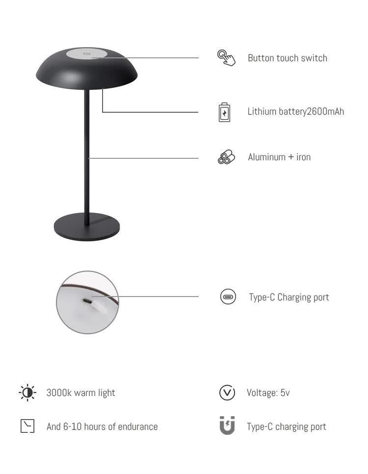 Black Minimalist Rechargeable LED Touch Table Lamp - 3-Color Stepless Dimming Metal Desk Light V888-ELOSUNG27035