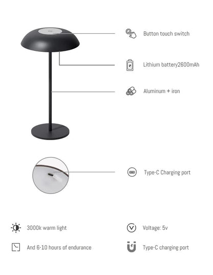 Black Minimalist Rechargeable LED Touch Table Lamp - 3-Color Stepless Dimming Metal Desk Light V888-ELOSUNG27035