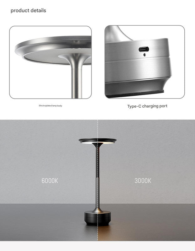 Silver Elegant Aluminum Alloy Rechargeable LED Touch Lamp - 3-Color Dimmable Cordless Table Light V888-ELOSUNG27039