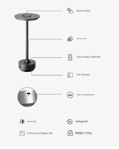 Black Elegant Aluminum Alloy Rechargeable LED Touch Lamp - 3-Color Dimmable Cordless Table Light V888-ELOSUNG27040