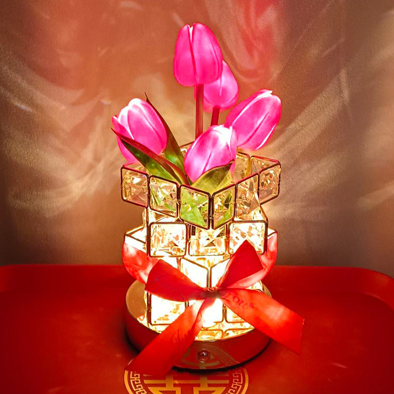 Red Elegant Crystal Tulip LED Night Light - Rechargeable Touch Lamp with 3 Colors & Dimming V888-ELOSUNG27060