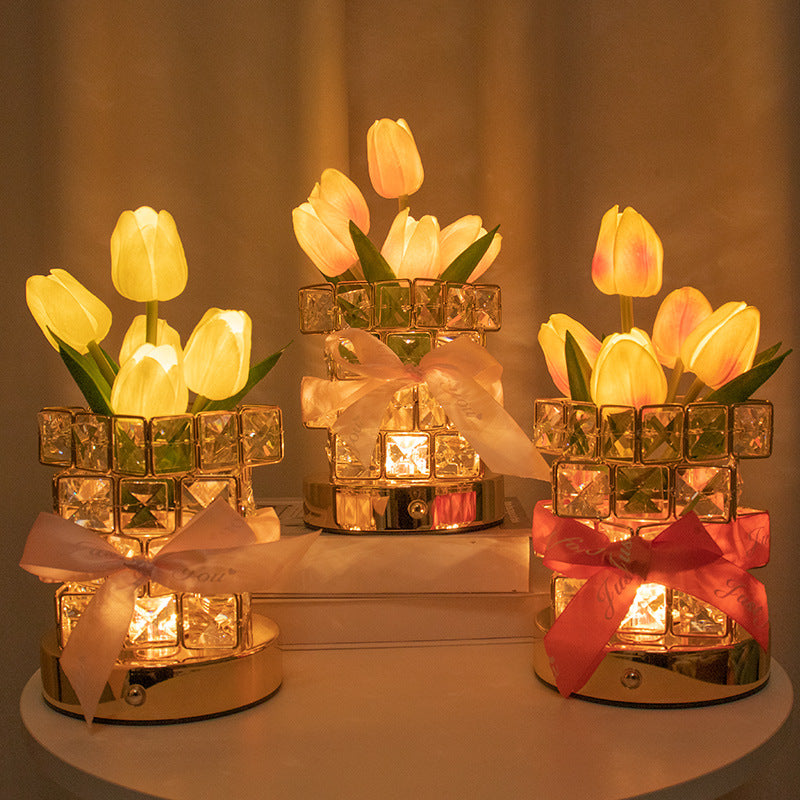 Pink Elegant Crystal Tulip LED Night Light - Rechargeable Touch Lamp with 3 Colors & Dimming V888-ELOSUNG27061