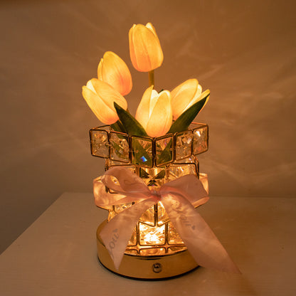 Pink Elegant Crystal Tulip LED Night Light - Rechargeable Touch Lamp with 3 Colors & Dimming V888-ELOSUNG27061