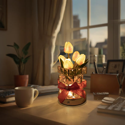 Pink Elegant Crystal Tulip LED Night Light - Rechargeable Touch Lamp with 3 Colors & Dimming V888-ELOSUNG27061