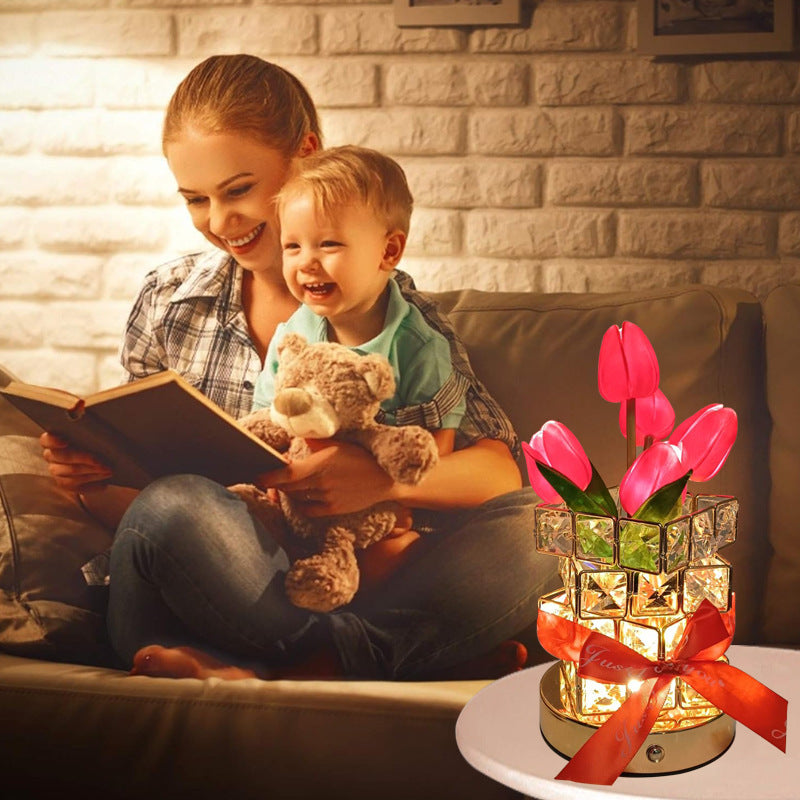 Yellow Elegant Crystal Tulip LED Night Light - Rechargeable Touch Lamp with 3 Colors & Dimming V888-ELOSUNG27062