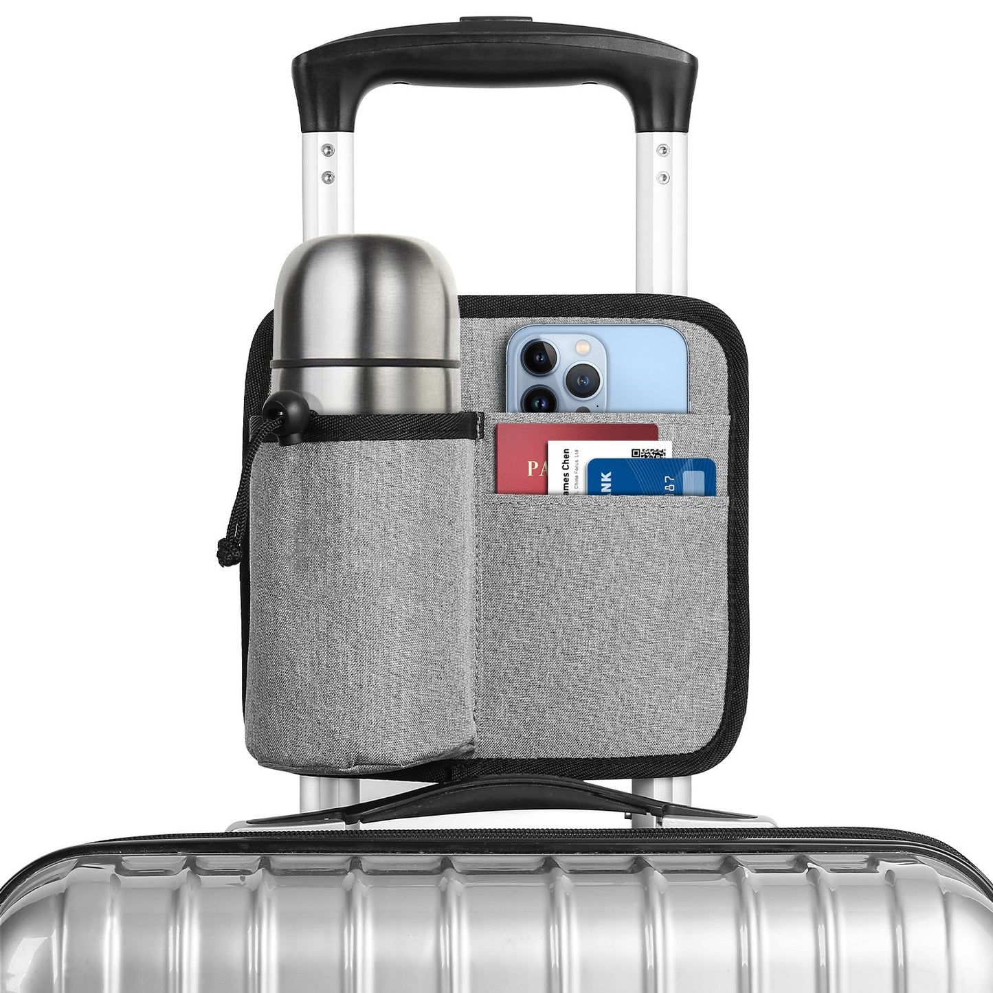 2 Pcs Grey Hands-Free Luggage Handle Travel Cup Holder & Organizer Pouch V888-ELOSUNG27082