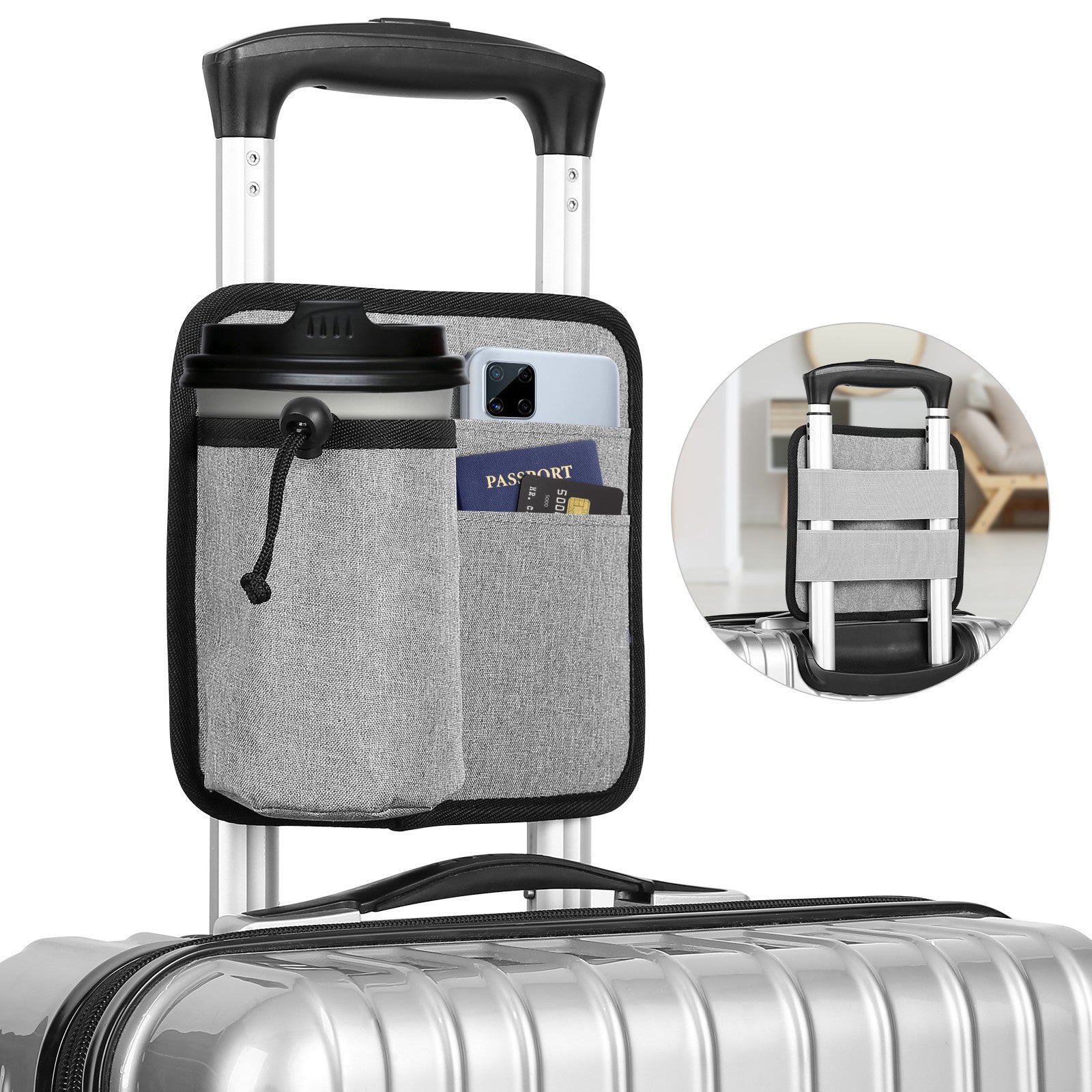 2 Pcs Grey Hands-Free Luggage Handle Travel Cup Holder & Organizer Pouch V888-ELOSUNG27082