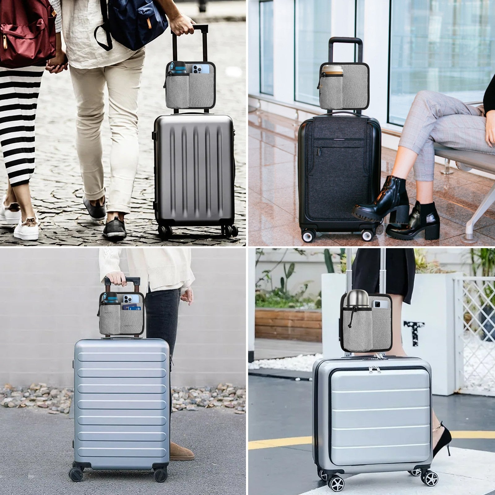 2 Pcs Grey Hands-Free Luggage Handle Travel Cup Holder & Organizer Pouch V888-ELOSUNG27082