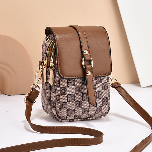 Brown Chic Checkered Mini Crossbody Phone Purse - PU Leather Vertical Shoulder Bag with Headphone Port V888-ELOSUNG27083