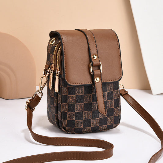 Brown and Black Chic Checkered Mini Crossbody Phone Purse - PU Leather Vertical Shoulder Bag with Headphone V888-ELOSUNG27084