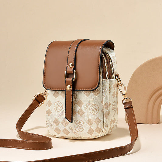 Brown and Beige Chic Diamond Mini Crossbody Phone Purse - PU Leather Vertical Shoulder Bag with Headphone Port V888-ELOSUNG27086