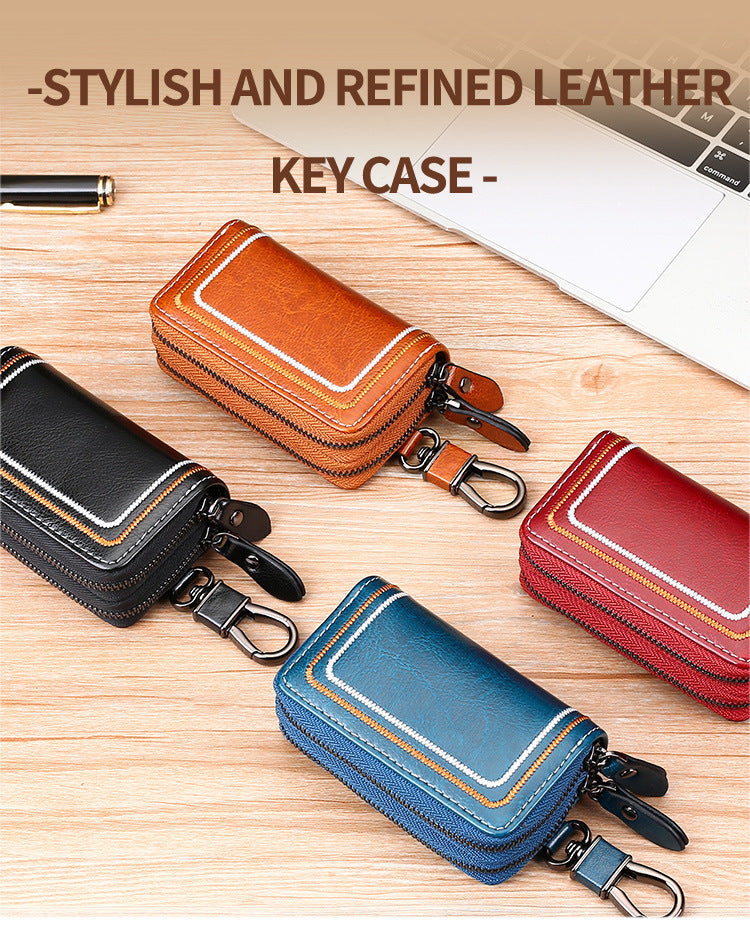 Black Premium Genuine Leather Double Zipper Key Case - Car & House Key Organizer Pouch V888-ELOSUNG27089