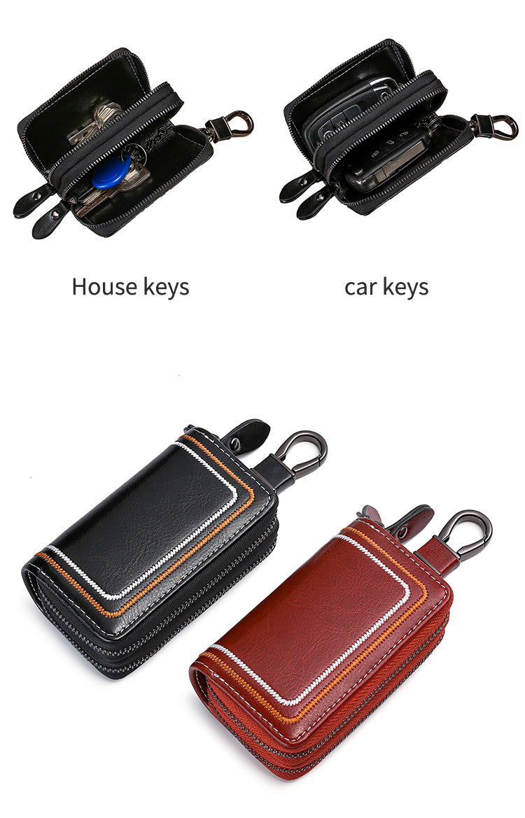Black Premium Genuine Leather Double Zipper Key Case - Car & House Key Organizer Pouch V888-ELOSUNG27089
