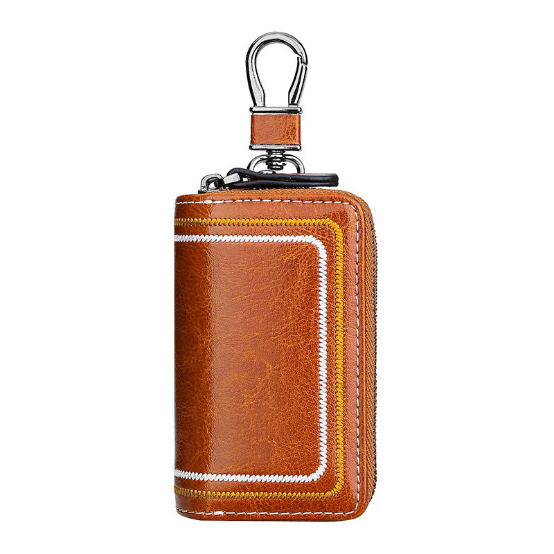 Brown Premium Genuine Leather Double Zipper Key Case - Car & House Key Organizer Pouch V888-ELOSUNG27090