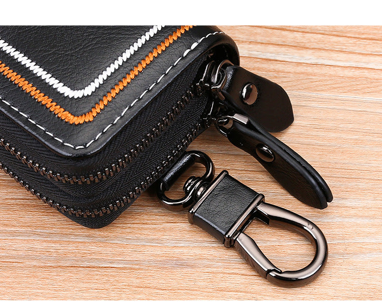 Brown Premium Genuine Leather Double Zipper Key Case - Car & House Key Organizer Pouch V888-ELOSUNG27090