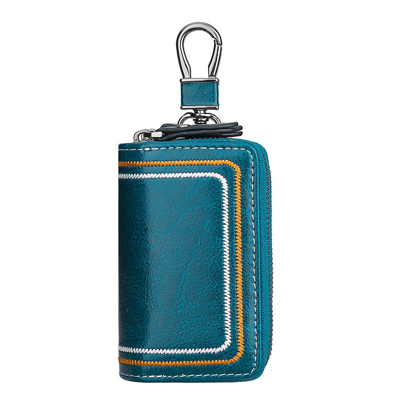 Blue Premium Genuine Leather Double Zipper Key Case - Car & House Key Organizer Pouch V888-ELOSUNG27091