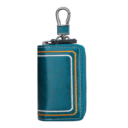 Blue Premium Genuine Leather Double Zipper Key Case - Car & House Key Organizer Pouch V888-ELOSUNG27091