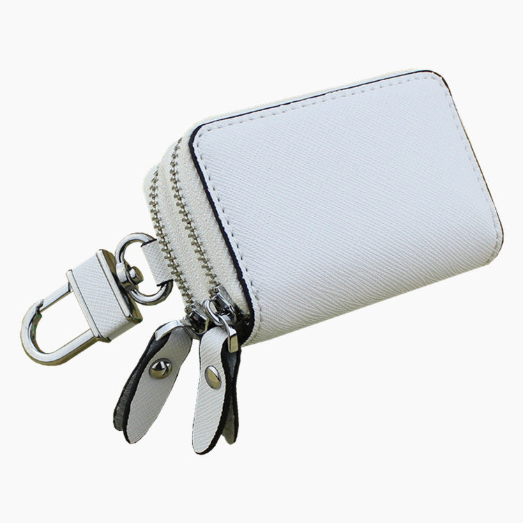 White Compact Crossgrain Leather Double Zipper Key Case - Stylish Car & Home Key Organizer V888-ELOSUNG27093