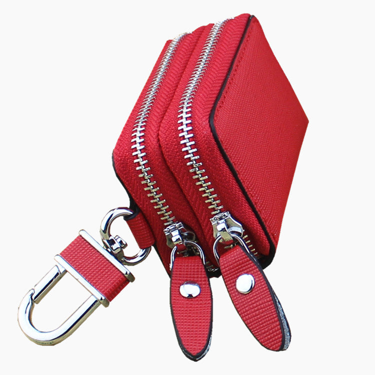 Red Compact Crossgrain Leather Double Zipper Key Case - Stylish Car & Home Key Organizer V888-ELOSUNG27094