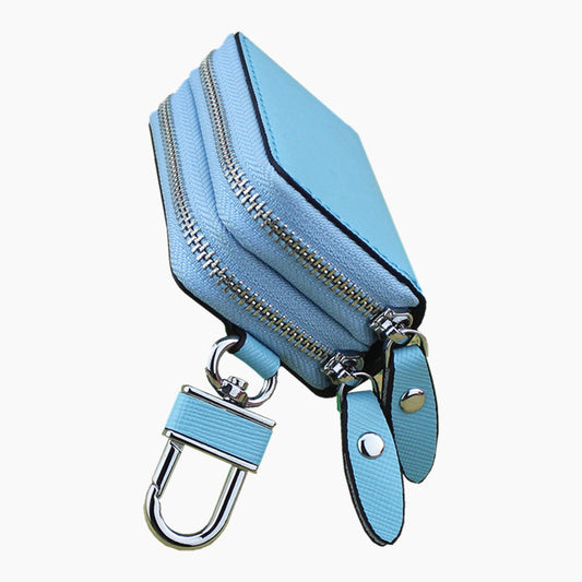 Blue Compact Crossgrain Leather Double Zipper Key Case - Stylish Car & Home Key Organizer V888-ELOSUNG27095