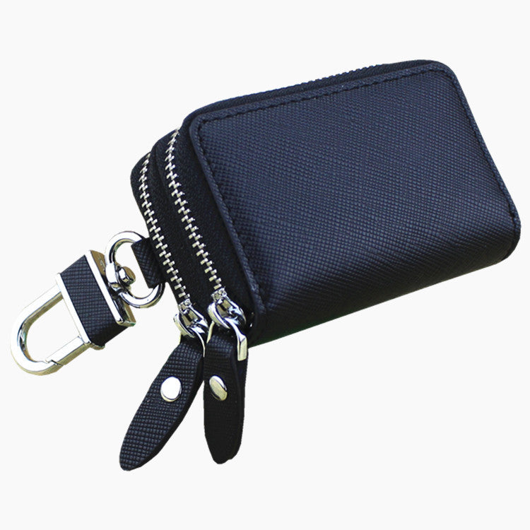 Dark Blue Compact Crossgrain Leather Double Zipper Key Case - Stylish Car & Home Key Organizer V888-ELOSUNG27096