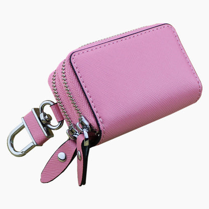 Light Pink Compact Crossgrain Leather Double Zipper Key Case - Stylish Car & Home Key Organizer V888-ELOSUNG27097