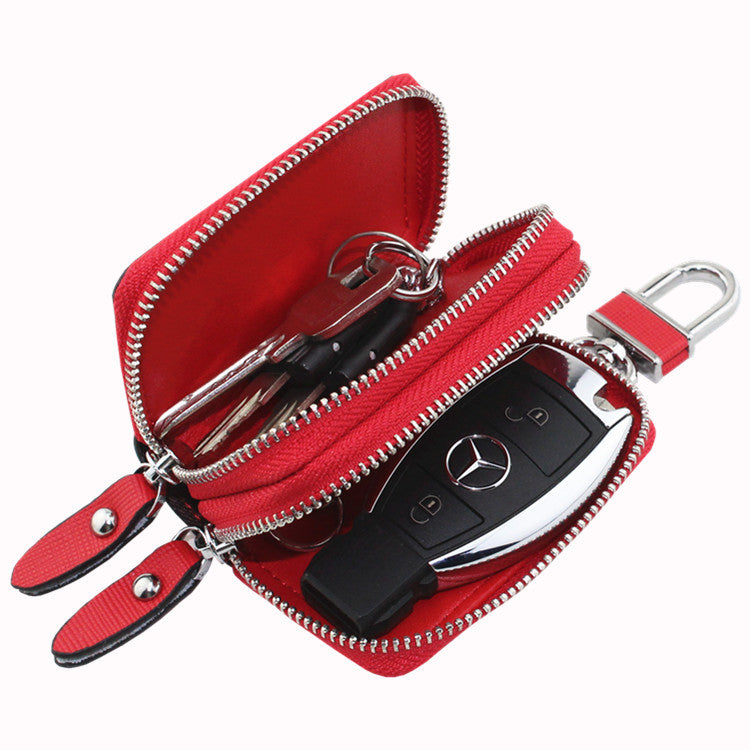 Light Pink Compact Crossgrain Leather Double Zipper Key Case - Stylish Car & Home Key Organizer V888-ELOSUNG27097