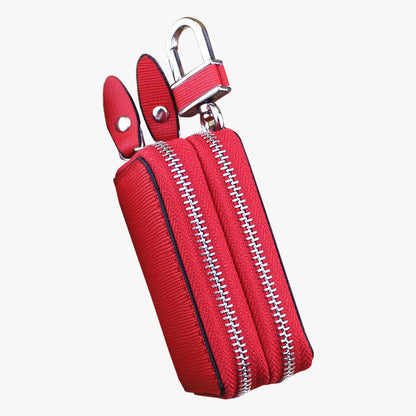 Light Pink Compact Crossgrain Leather Double Zipper Key Case - Stylish Car & Home Key Organizer V888-ELOSUNG27097