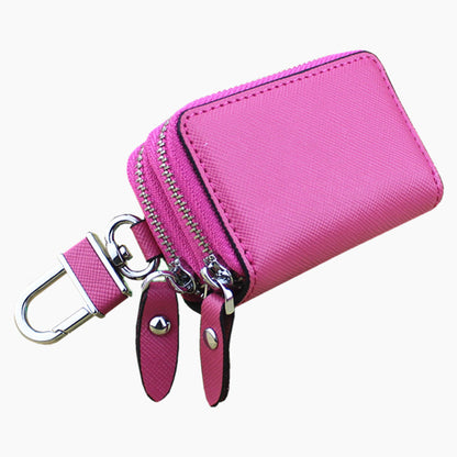 Dark Pink Compact Crossgrain Leather Double Zipper Key Case - Stylish Car & Home Key Organizer V888-ELOSUNG27098
