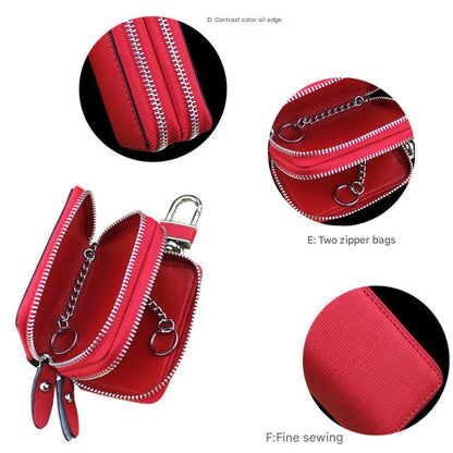 Dark Pink Compact Crossgrain Leather Double Zipper Key Case - Stylish Car & Home Key Organizer V888-ELOSUNG27098